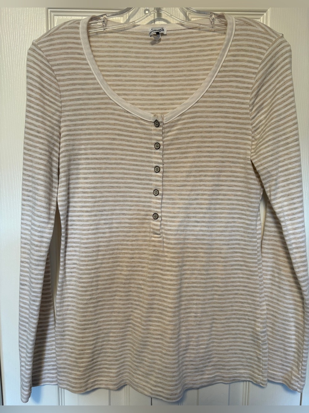 Splendid Fawn Tan White Striped Long Sleeve Henley Pullover Top Shirt Medium M